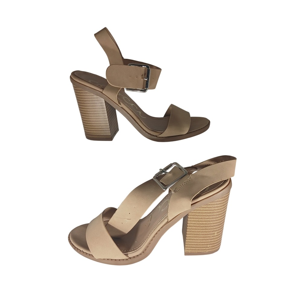 Cocci Malvern Block Heel Sandals 8 Tan Nude Buckle Ankle Strap Minimalist Chic